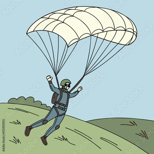 Skydiver descending with parachute over grassy hills skydiving landing
