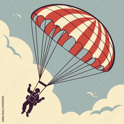 Skydiver descending with red and cream parachute above clouds falling skydiving