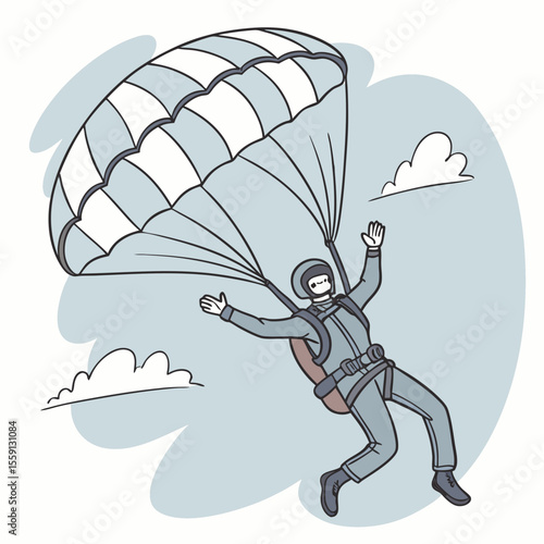 Skydiver in grey suit with blue and white parachute descending through clouds skydiving falling