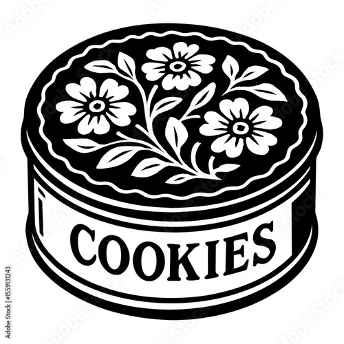 Elegant Black and White Cookie Tin Vector with Floral Design - Perfect for Bakery Logos and Vintage Illustrations