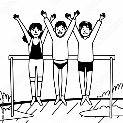 Three friends raising arms on a horizontal bar children arms up