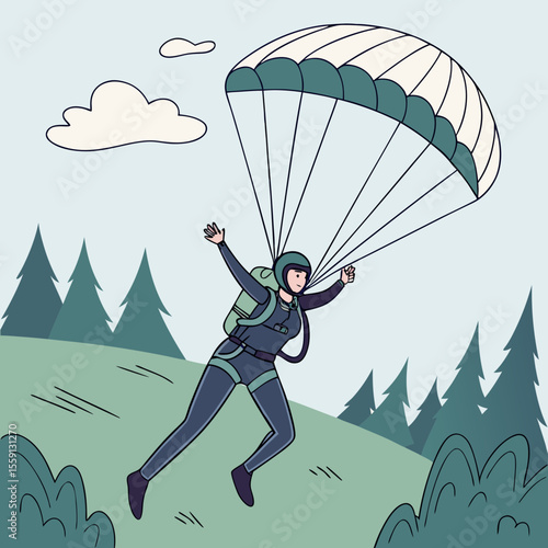 Woman skydiving with parachute over green landscape and trees helmet jumpsuit