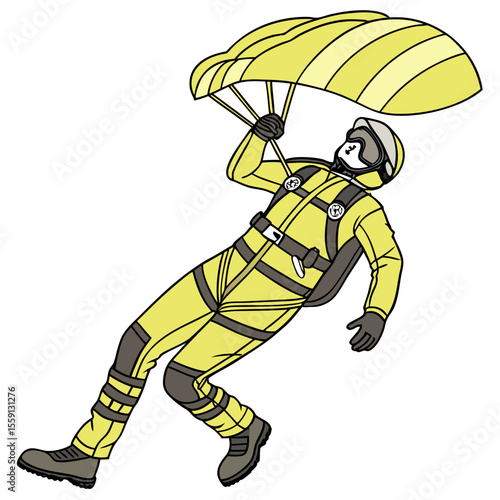 Yellow skydiving suit person with parachute jumpsuit grey
