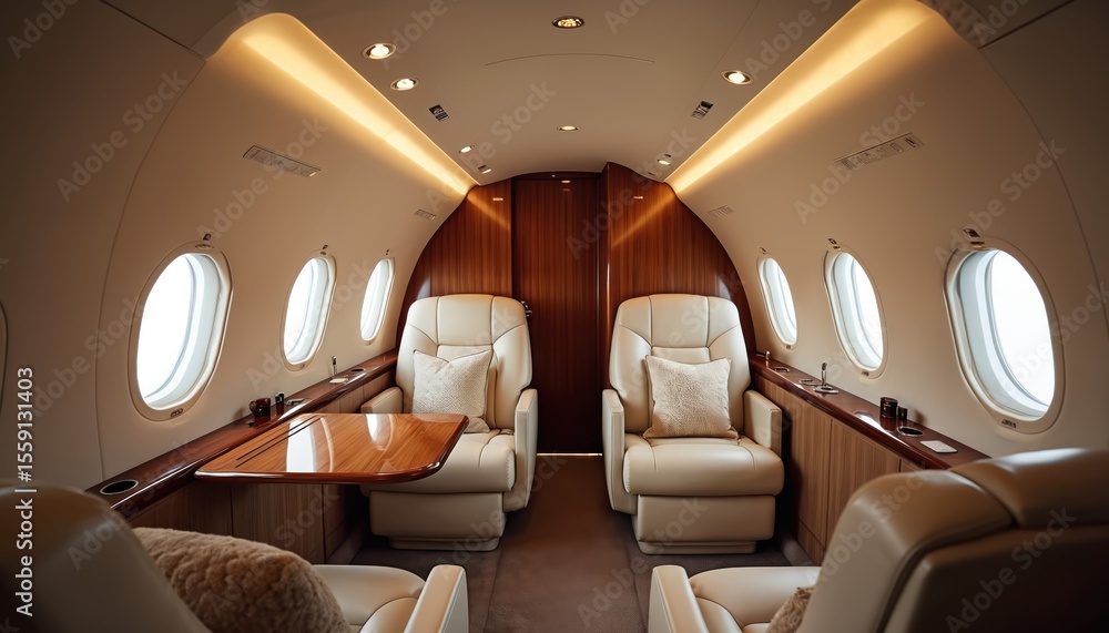 Fototapeta premium Luxurious private jet interior with plush leather seating, wood finishes. Elegant design features ambient lighting, minimalistic decor. Ideal for travel aviation comfort journey, premium lifestyle