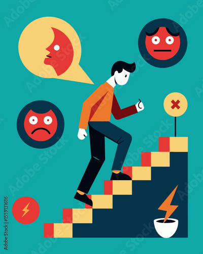 With every step the echoes of negativity seemed to amplify ping the person in a neverending cycle of selfloathing.. Vector illustration