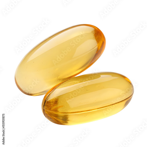 Two golden omega three capsules exhibit clarity and purity on a stark white backdrop, representing health and wellness.