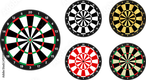 Dart boards in green and red, black and white, black and gold, red and white, original retro colour template