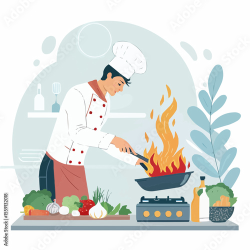 Chef Cooking in Busy Restaurant Kitchen 