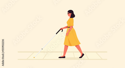 A woman with a white cane walks confidently across a paved surface.