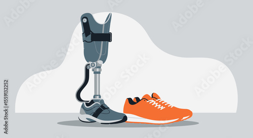 Illustration of a prosthetic leg next to a running shoe, representing mobility.