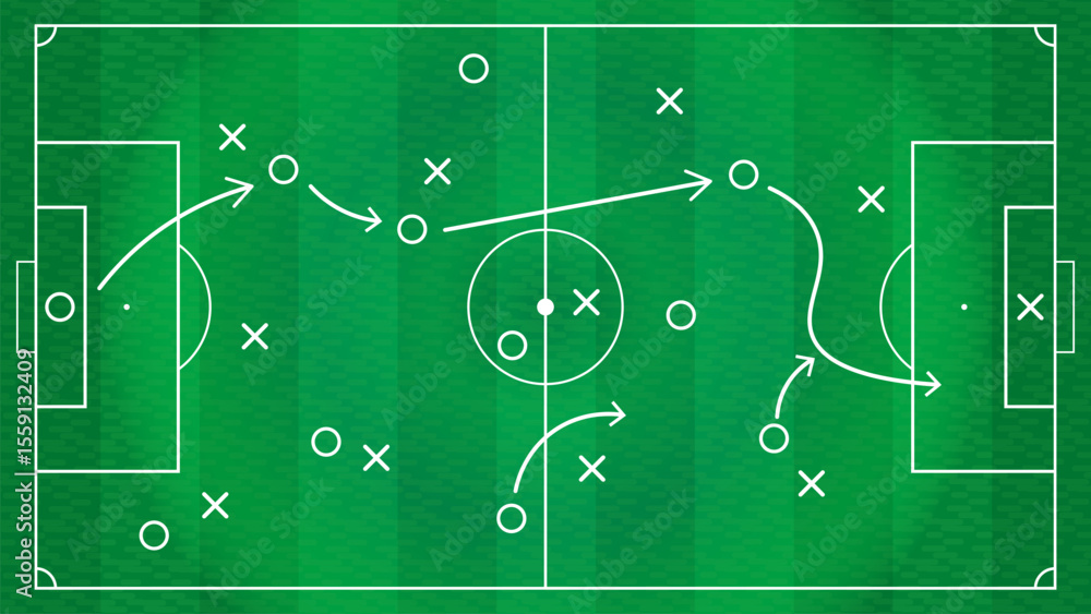 foot ball game plan, strategy, players position tracking with circle, cross with ball path in field template foot ball game plan, strategy, players position tracking with circle, cross with ball path in field template