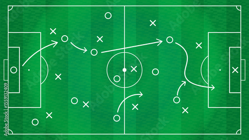 foot ball game plan, strategy, players position tracking with circle, cross with ball path in field template