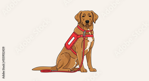 A seated, reddish-brown dog wearing a red harness and leash, likely a service dog.