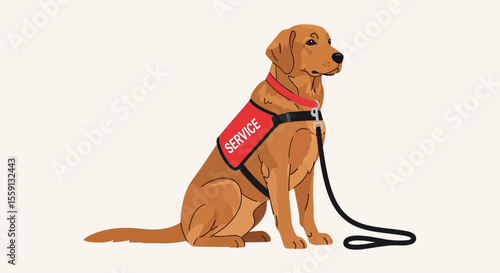 A service dog, likely a golden retriever, wearing a red vest, sits attentively.