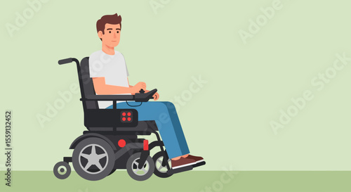 A cartoon illustration of a man in a powered wheelchair, side view.