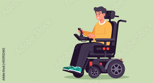 A smiling man operates a powered wheelchair, moving forward with joy.