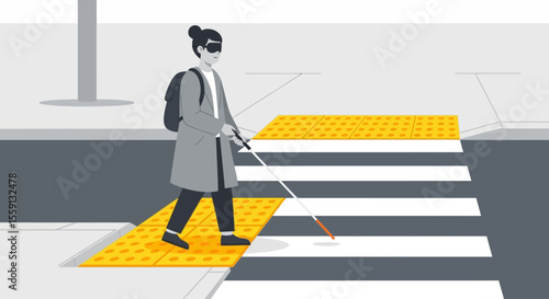 A blind person with a cane crossing a street using tactile paving.