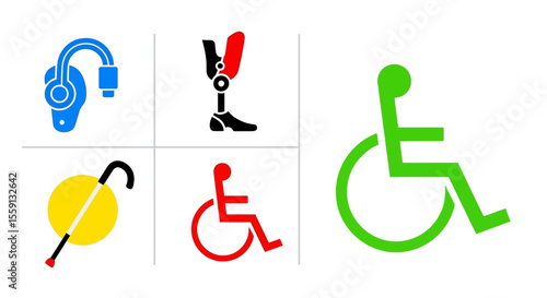 Illustration of icons representing various disabilities, including hearing aid, prosthetic leg, cane, and wheelchair symbols.
