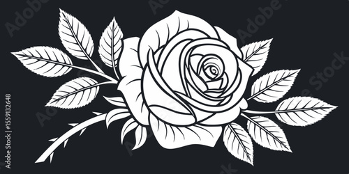 Stylized white rose with leaves and thorns isolated on white background