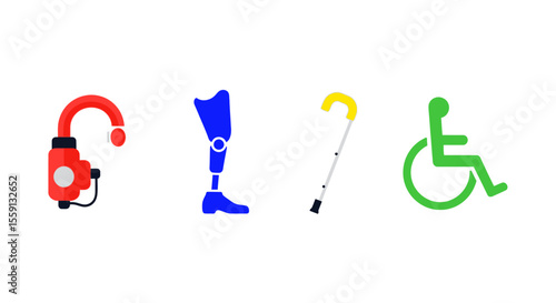 Four colorful assistive devices: a prosthetic hand, leg, cane, and wheelchair, symbolizing accessibility and support.