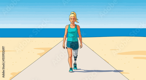 A woman with a prosthetic leg walks confidently along a beach path.