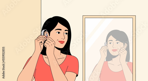 A woman adjusting earplugs in front of a mirror, a simple illustration of daily routine.