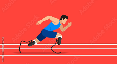 Determined amputee sprinter powerfully strides forward on a running track, showcasing resilience and athleticism.