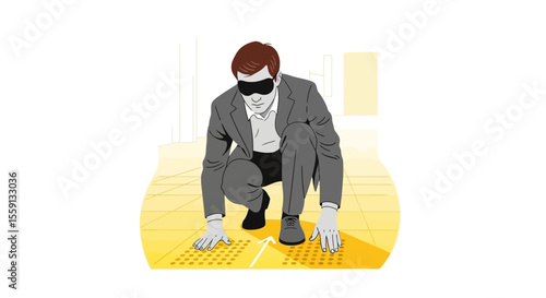 A businessman with blindfolds examines a yellow floor pattern, possibly a tactile learning exercise.