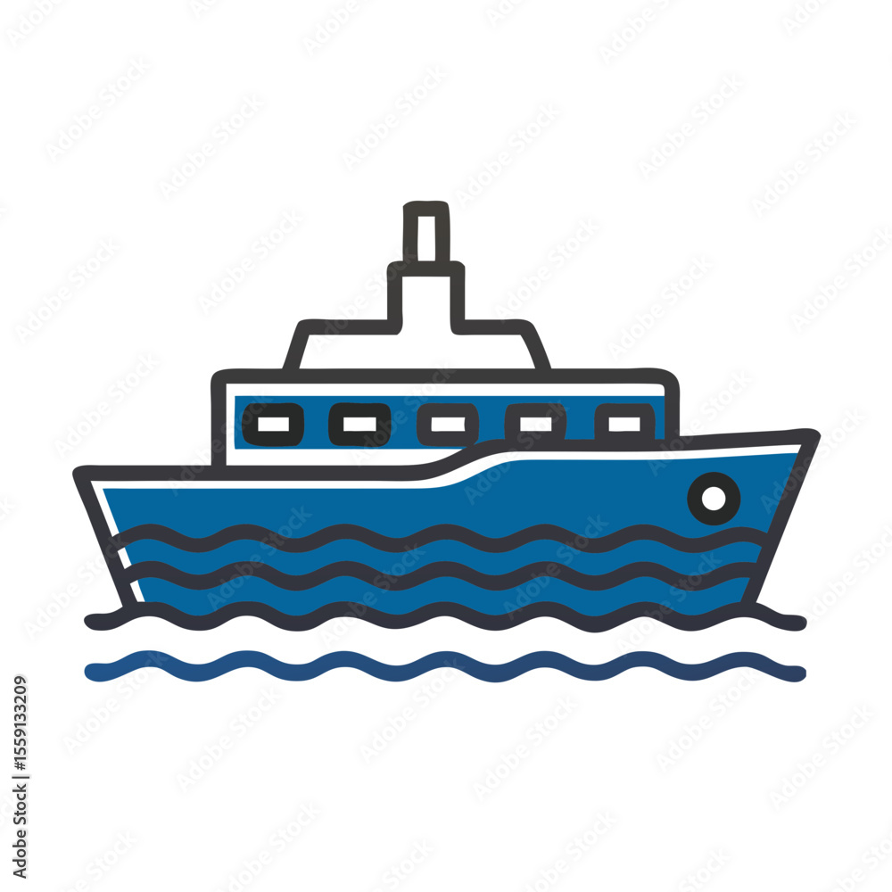 Ferry boat sailing on waves in blue color scheme Ferry boat sailing on waves in blue color scheme