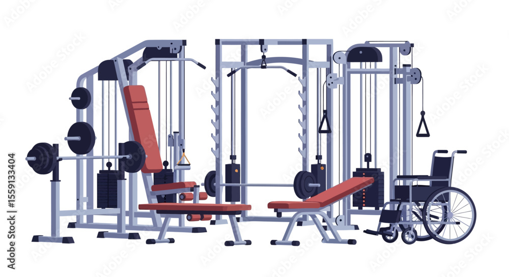 Illustration of gym equipment including weight machines, benches, and a wheelchair, designed for accessibility. Illustration of gym equipment including weight machines, benches, and a wheelchair, designed for accessibility.