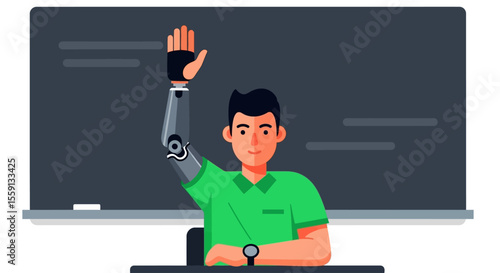Student with a robotic arm raises his hand in class near a blackboard, demonstrating accessibility technology.