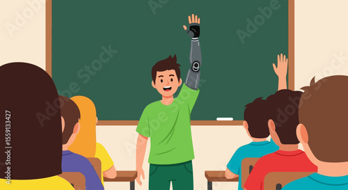 A young student with a prosthetic arm raises his hand in a classroom.