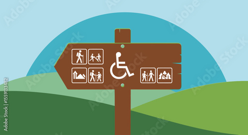 Signpost displaying hiking trails and accessibility information, set in a natural landscape.