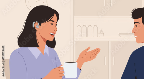 Woman with hearing aid enjoys conversation over coffee with a man.