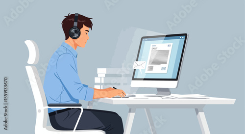 Focused young man works remotely from home office, using computer and headphones.