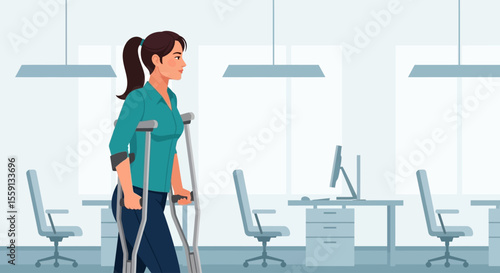 A woman walks through an office using crutches, navigating her workplace.