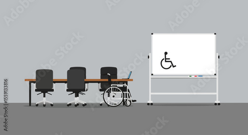 Meeting room with accessible wheelchair and whiteboard for inclusive workplace.