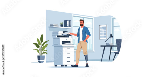 A man with a prosthetic leg confidently operates an office printer in a modern workspace.
