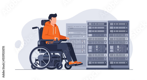 A person in a wheelchair works with a server rack, showcasing inclusivity in technology.