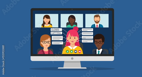 Virtual team meeting in progress, diverse participants collaborating on a computer screen.