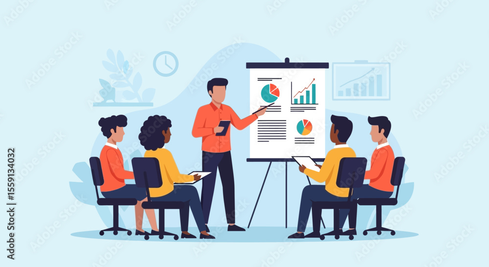 Fototapeta premium A business presentation with a presenter and a group of attentive listeners, showcasing data visualizations.