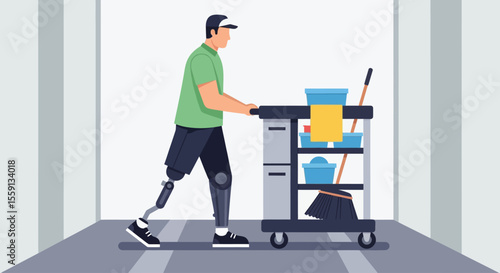 Man with prosthetic leg pushing a cleaning cart in a hallway.