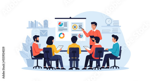 Business team in a meeting, presentation on a flip chart with graphs and charts.