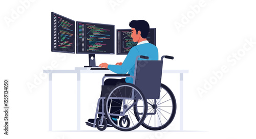 A person in a wheelchair working on multiple computer screens displaying code.