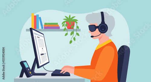 Senior woman with assistive technology using a computer for communication.