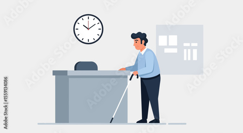 A man with a white cane at a desk in an office setting, suggesting accessibility.