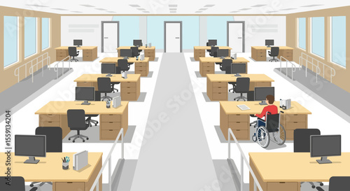 An office interior with rows of desks, a person in a wheelchair, and doors.