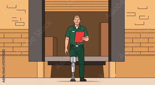 Worker with prosthetic leg holds clipboard in front of warehouse loading dock.