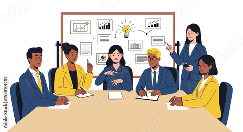 A diverse group of professionals collaborate in a meeting, discussing ideas presented on a whiteboard.