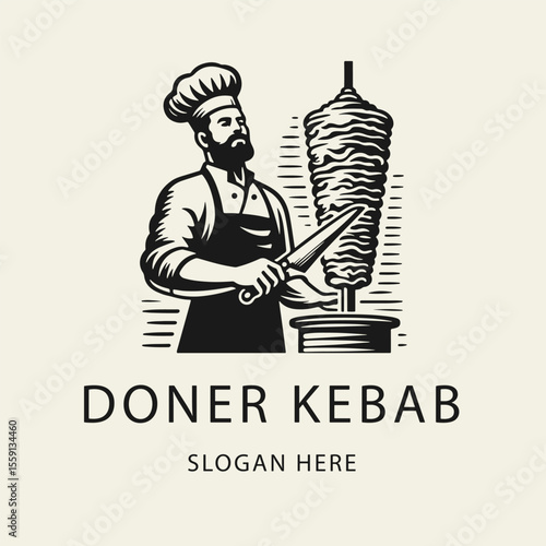 Wallpaper Mural Black and white flat vector logo of a chef slicing meat for doner kebab with a large knife. Bold silhouette design, perfect for restaurant branding, signage, or packaging. Torontodigital.ca